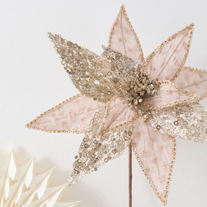 Elegante fiore di stella di Natale color champagne con paillettes per decoro natalizio
