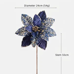 Blue artificial Christmas poinsettia with glitter petals and stem for holiday decor