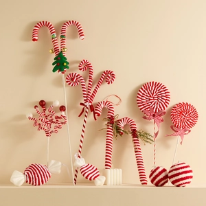 Christmas Velvet Candy Cane Ornaments Red White Striped Lollipop Hanging Decorations For Holiday Tree Party Home Decor