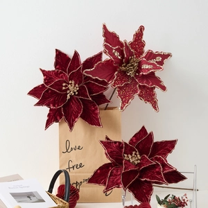Luxury Velvet Artificial Christmas Poinsettia Flower Glitter Edges Festive Tree Ornament Home Wedding Decor Floral Arrangement