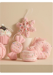 Pink dessert Christmas ornaments including cupcake, donut and candy with glitter details