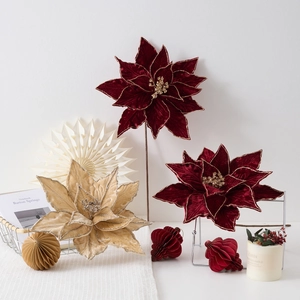 Champagne and wine red velvet Christmas poinsettia flowers with gold glitter accents