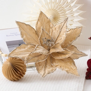 Champagne gold velvet artificial Poinsettia Christmas flower with silver glitter finish