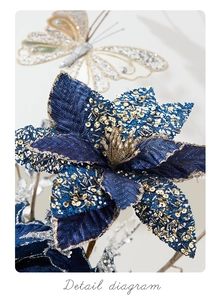 Detail view of dark blue fabric Christmas flower with gold sequins and beads