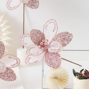 Elegant pink Christmas artificial flower with glitter and crystal beads for Xmas decor