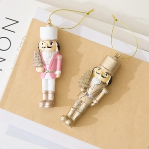 Pink and gold resin nutcracker soldier Christmas tree ornaments with hanging strings