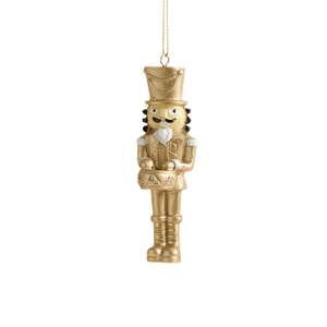 Golden Nutcracker soldier Christmas tree ornament with glitter finish and drum detail