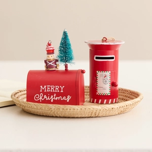 Red retro Christmas iron mailbox ornaments with nutcracker and mini tree decorations