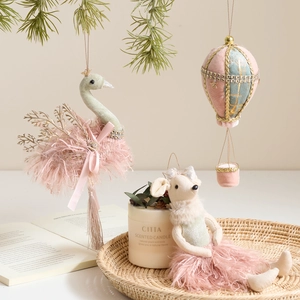 Pink and mint velvet Christmas ornaments featuring elegant swans and mice designs