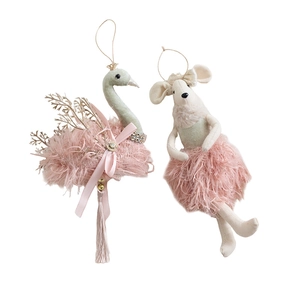 Pink velvet swan and mouse ballet ornaments with feathers and tassels for Christmas trees