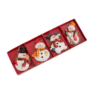 Set of four unique snowman Christmas tree ornaments in a red gift box for holiday decor