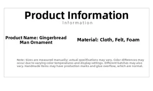 Detail showing gingerbread man ornament materials including cloth, felt, and foam text