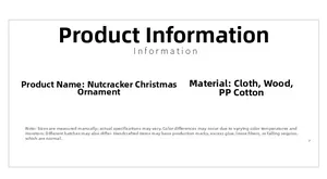 Detail card of nutcracker Christmas ornament listing fabric wood and PP cotton materials
