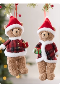 Detail of Christmas teddy bear plush pendants with red plaid outfits and gift boxes