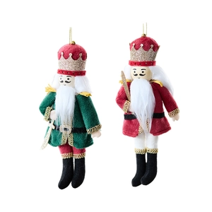 Christmas Nutcracker plush ornaments set in red and white with gold crown and sword details