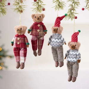 Set of four plush teddy bear Christmas tree ornaments in festive red and grey outfits
