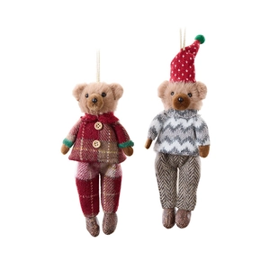 Cute Christmas teddy bear plush ornaments set featuring festive red and grey winter outfits