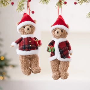 Christmas Teddy Bear Plush Hanging Ornaments Red Black Plaid Clothes Santa Hat Festive Tree Decoration Sherpa Fleece