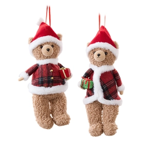 Christmas plush teddy bear ornaments in red plaid outfits for festive holiday tree decoration