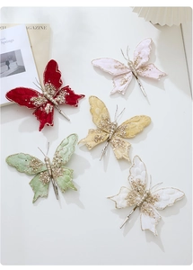 Set of five colorful velvet butterfly clips with glitter edges for festive decorations