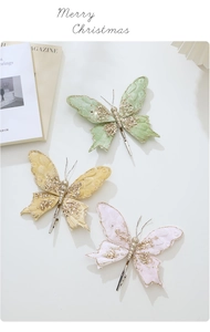 Close-up of velvet butterfly clips with sequins and beads for Christmas decor