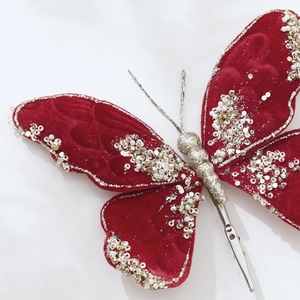 Red velvet butterfly ornament with gold sequins and pearls for Christmas tree decoration