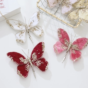 Velvet butterfly Christmas ornaments with gold sequins and clips in multiple colors