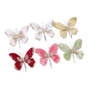 Set of 6 colorful velvet butterfly clips with gold glitter for Christmas tree decor