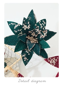Detailed macro view of 25cm velvet artificial Christmas flower with sequins and golden stamens