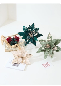 Three-color velvet artificial poinsettias with sequin edges for Christmas tree decoration