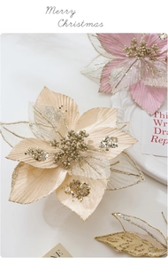 Close-up of champagne and pink mesh Christmas flowers with glitter sequins and bead details