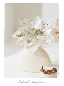 Close-up of white mesh poinsettia with gold glitter edges and sparkling central beads