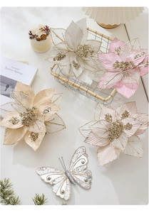 Close-up of sparkling 24cm glitter mesh Christmas flowers and butterflies for tree decor