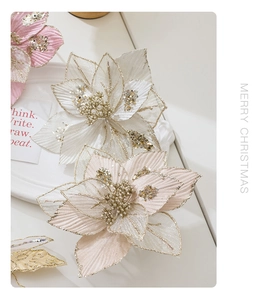 Detail of 24cm glitter mesh Christmas flowers with sparkling sequins in varied colors