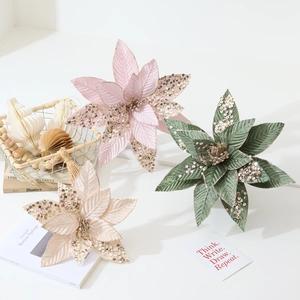 Velvet artificial poinsettia flowers with gold sequins for Christmas tree decoration