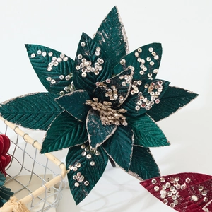 Velvet artificial Christmas poinsettia with gold glitter edges and silver sequins decor