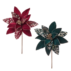 25cm velvet poinsettia Christmas flowers with gold sequins and long stems for tree decor