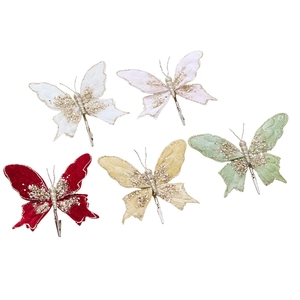Set of 5 colorful fabric butterfly ornaments with silver glitter and metal clips