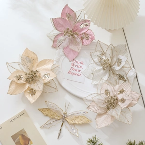 Glitter Christmas Poinsettia Flowers Mesh Fabric Artificial Flowers For Christmas Tree Wreath Garland Decoration Home Festive Ornament