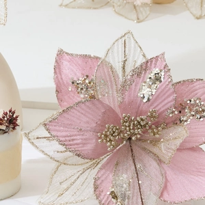 Pink and gold 24cm mesh poinsettia flower for Christmas tree and wreath decoration