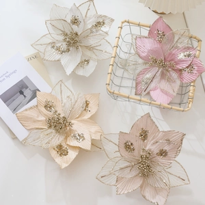 24cm mesh Christmas poinsettia flowers in pink and gold for tree decoration