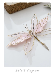 Pink gauze butterfly clip with gold glitter edges and pearlescent beads for Christmas decor