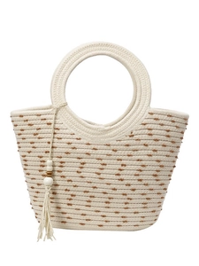 Handmade woven straw handbag with brown polka dots and circular handles for women