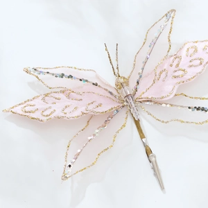 Pink gauze Christmas butterfly clip with gold glitter and sequins for wedding decor