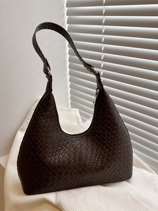Small Women Woven PU Leather Underarm Bag French Retro Half Moon Hobo Shoulder Purse Minimalist Solid Color Daily Handbag