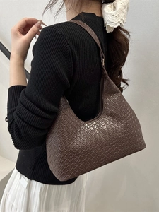 French retro coffee brown woven texture underarm hobo bag for women with leather finish