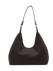 Brown woven leather hobo shoulder bag with a gold ring buckle and minimalist design