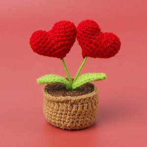 Handmade crochet heart potted plant for tabletop decor, red knitted Valentine gift