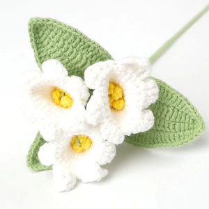 Vue macro de fleurs blanches crochetées à la main avec cœur jaune et feuilles vertes