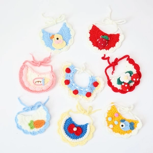 Detailed collection of eight handmade crochet pet bandanas with cute fruit and animal motifs